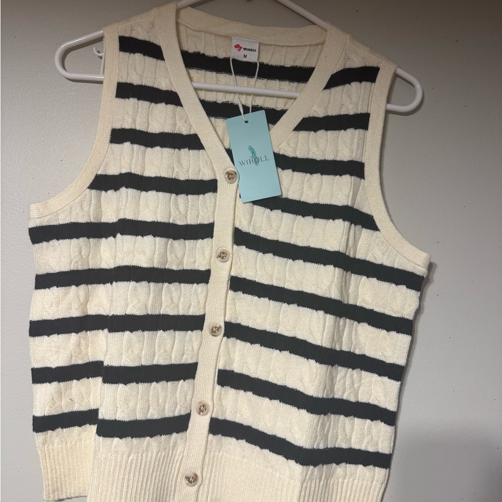 Striped Cream and Black Sweater Vest